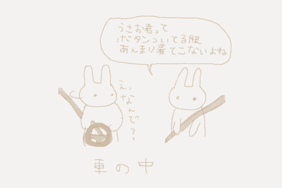 ボタン嫌いを遠慮がちに打ち明けるうさこ。「うさお君ってボタンついてる服あんまり着てこないよね」と話はじめる。車の中で。