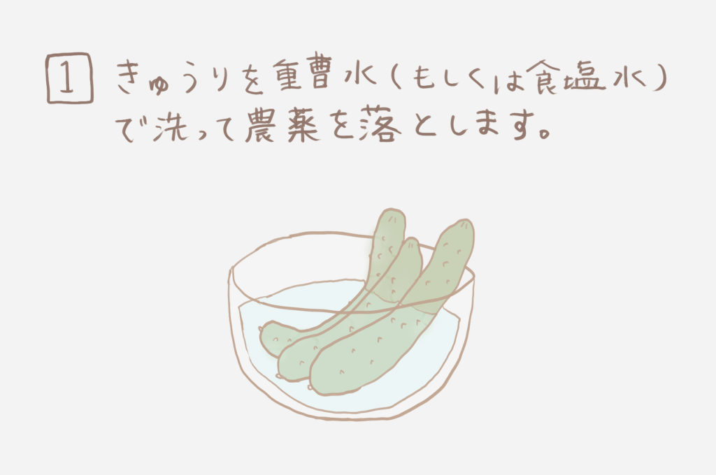 １）きゅうりを重曹水（もしくは食塩水）で洗って農薬を落とします。