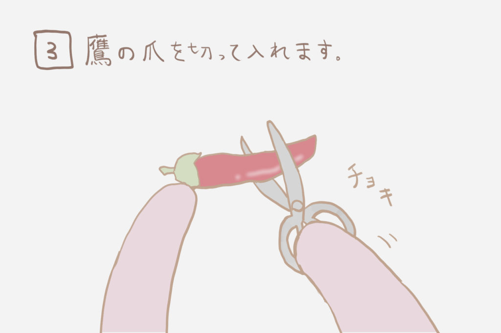 ３）鷹の爪を切って入れます。