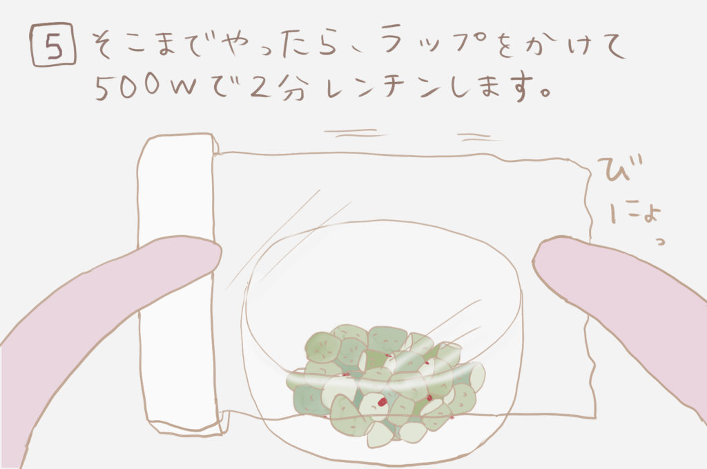 ５）そこまでやったら、ラップをかけて５００Wで２分レンチンします。