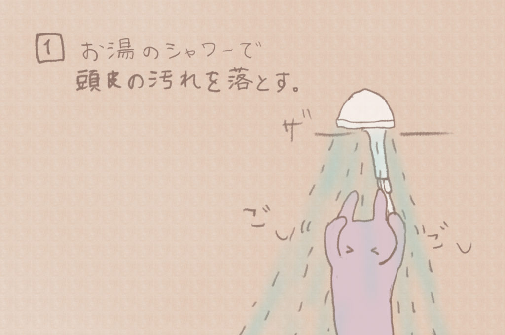 1)お湯のシャワーで頭皮の汚れを落とす