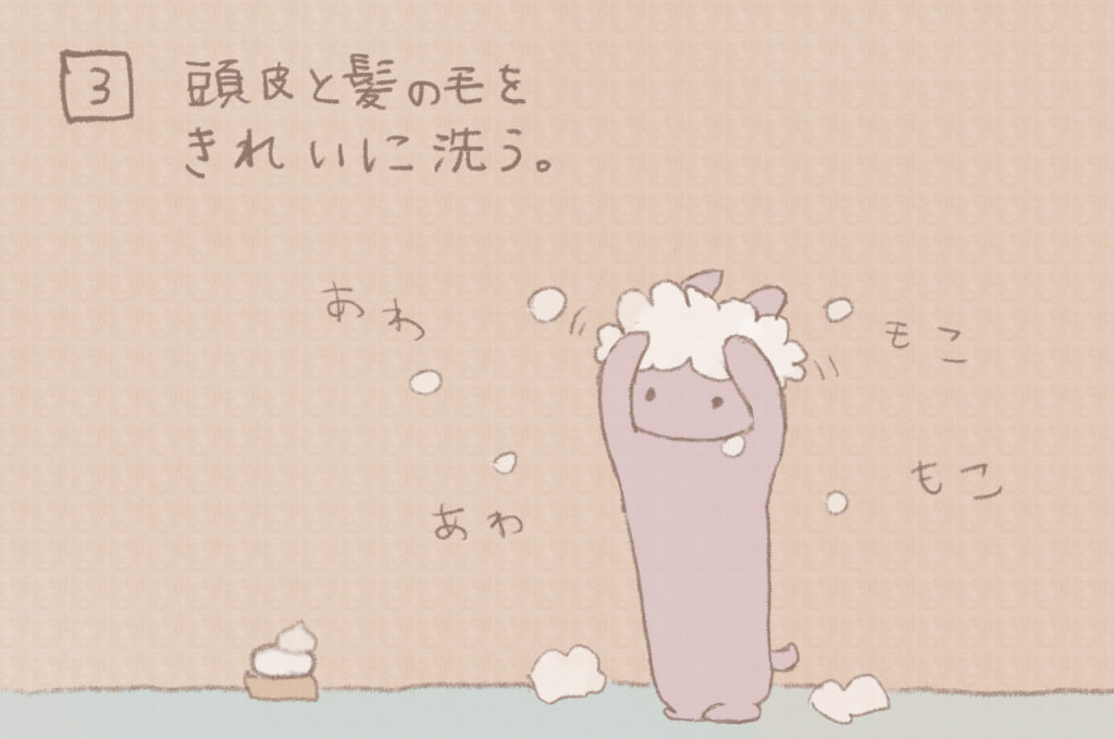 3)頭皮と髪の毛をきれいに洗う。