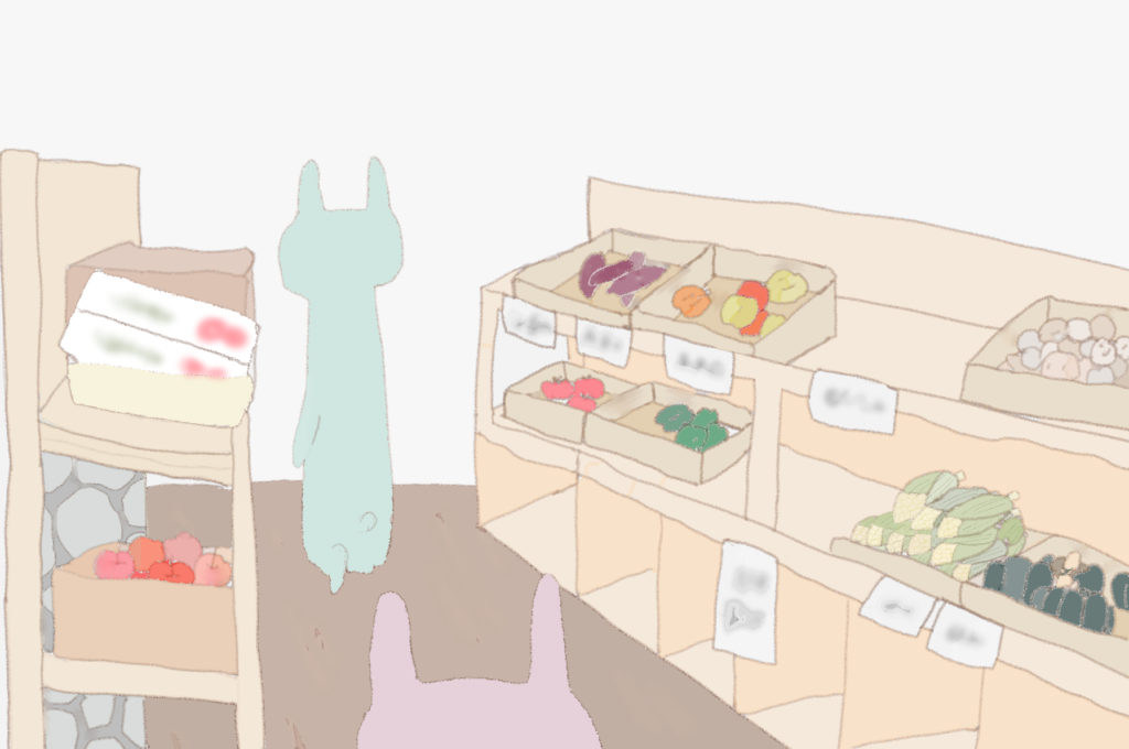 （お店のなか。うさこがうさおくんに着いていっている）