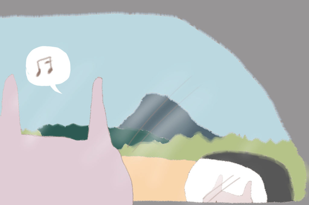 （うさこが窓から景色を眺めている）