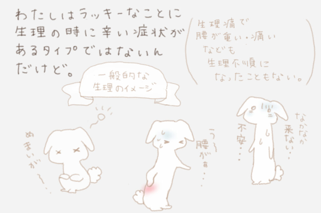 わたしはラッキーなことに生理の時に辛い症状があるタイプではないんだけど。（生理痛で腰が重い・痛いなども生理不順になったこともない。）