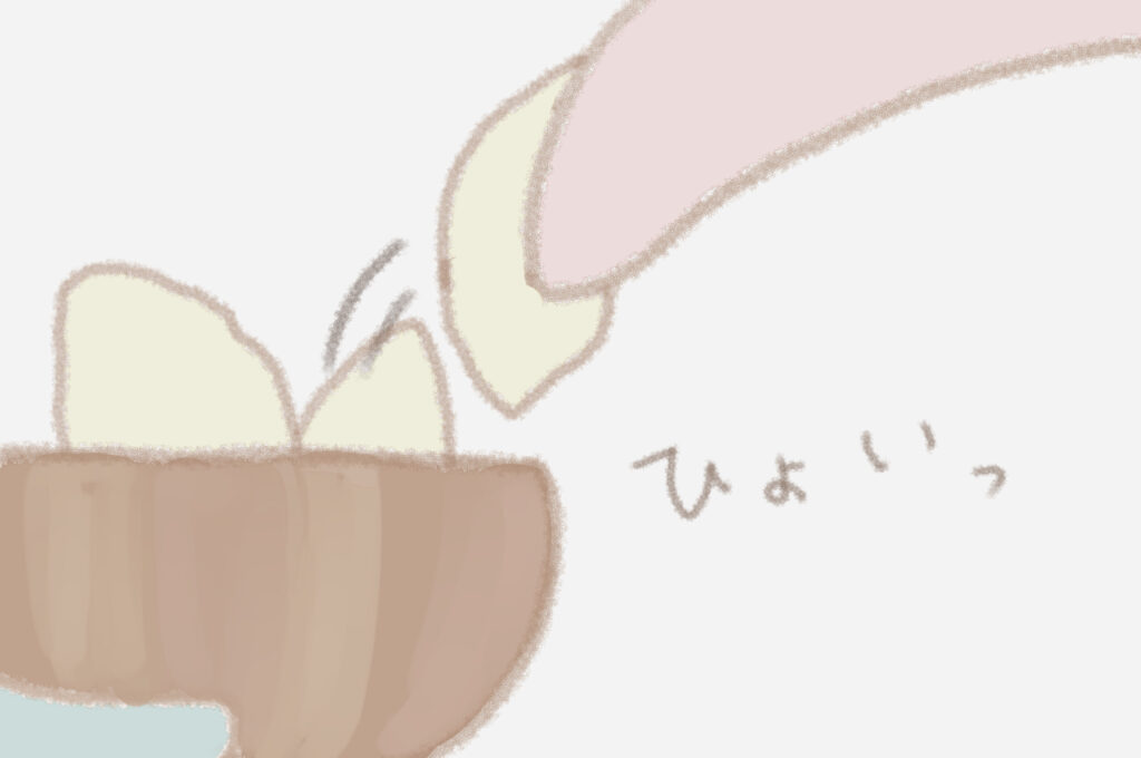 うさこがお皿からりんごを取る。