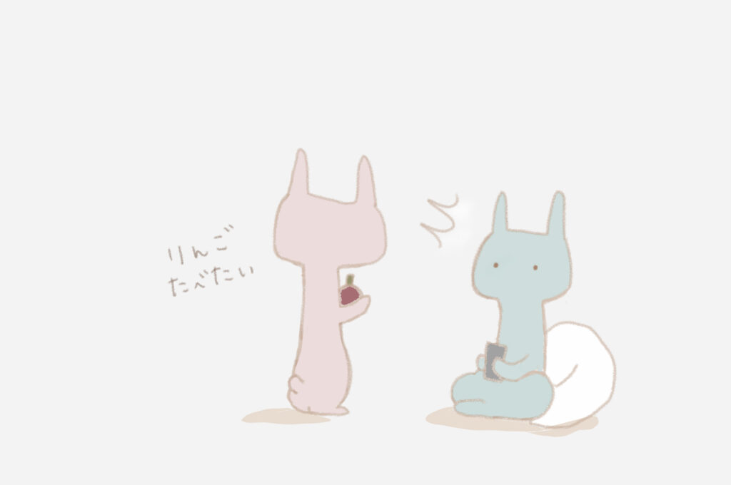 うさこがうさおくんの前でりんごを持って「りんごたべたい」とつぶやく。