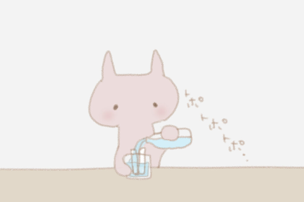 トポトポトポ・・・(ネギの入ったコップにうさこが湧き水を注いでいます。)